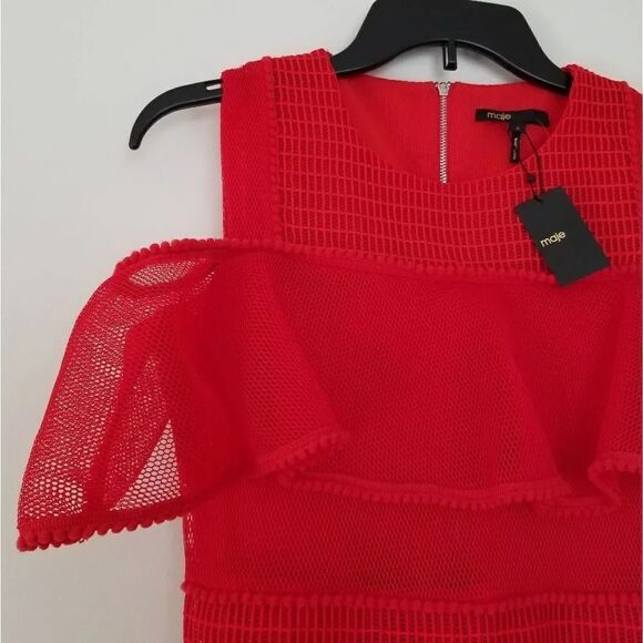 Maje Rosalie Red Ruffle Dress Sz 2 - Picture 7 of 8